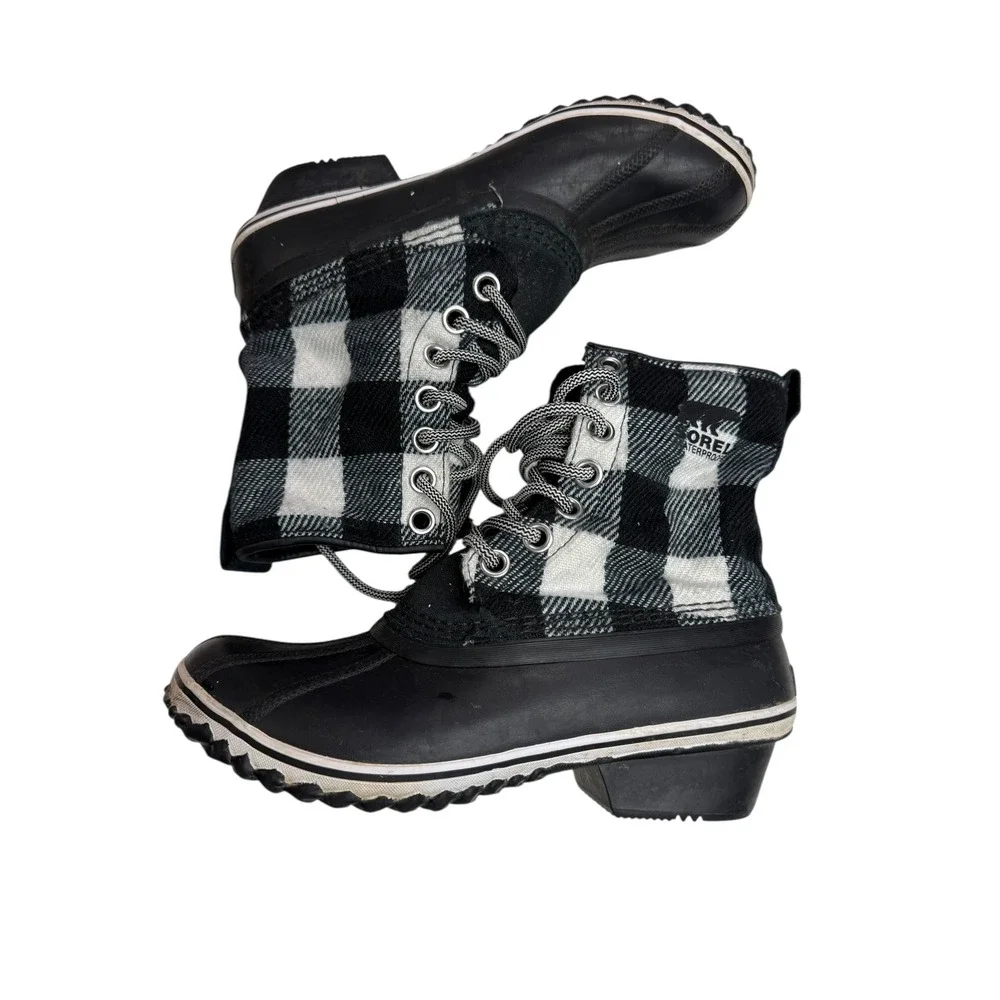 Sorel Womens Black White Buffalo Plaid‎ Waterproof Boots Duck Lace Up Size 9